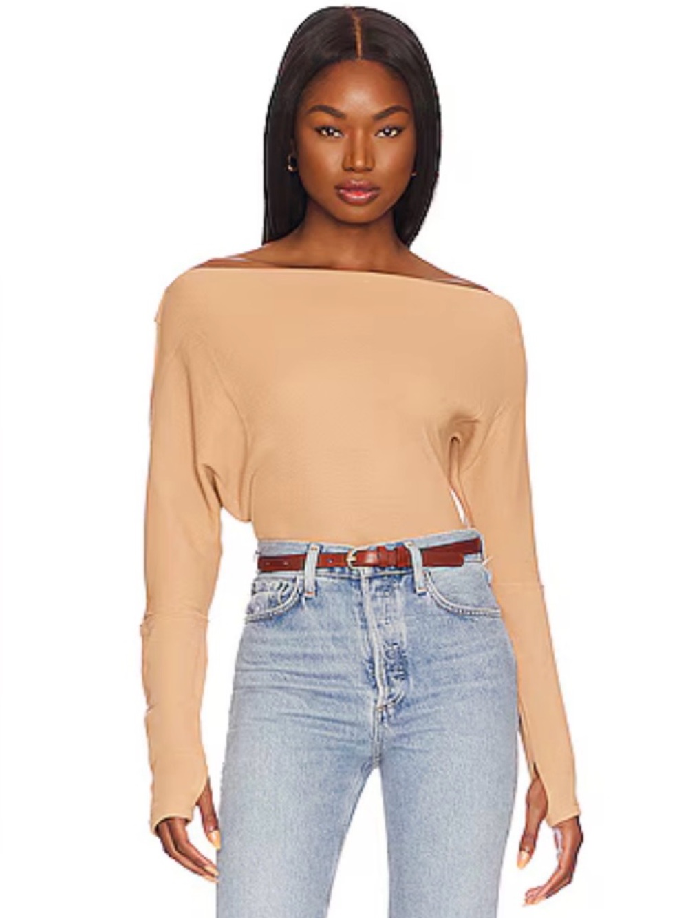 We The Free Tan Neutral Fuji Off The Shoulder Asymmetrical Thermal Top Size XS